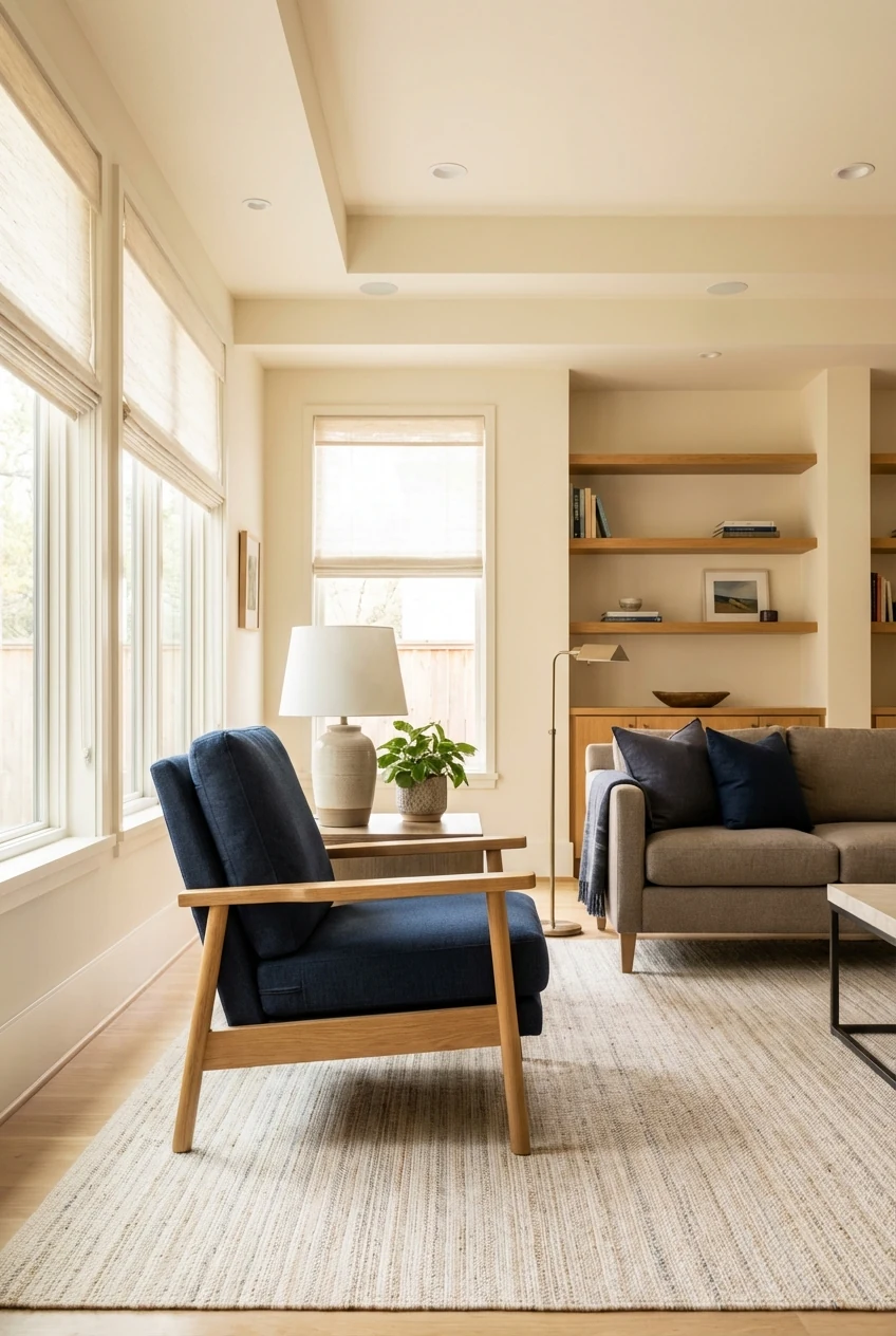 Warm, sunlit living room with a clear walking path