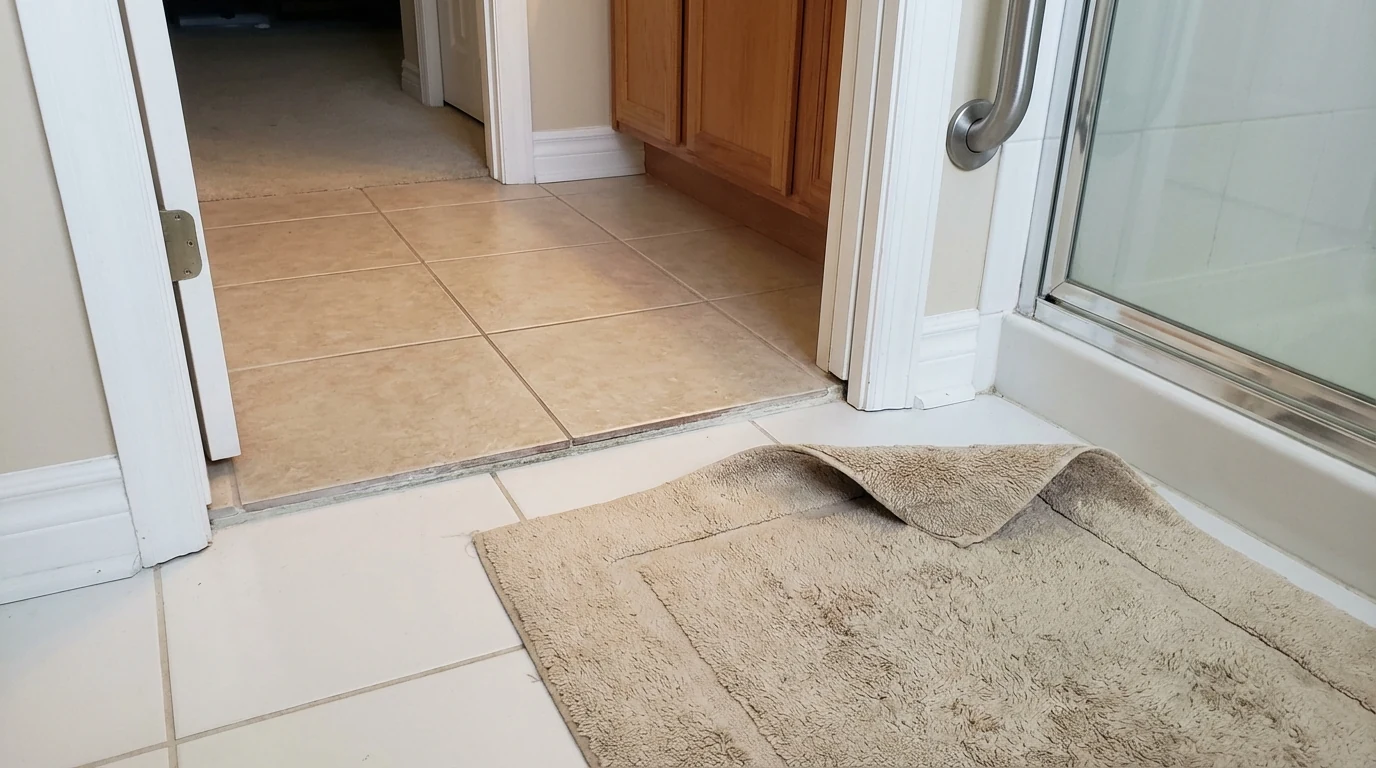 Hazard spotted during an assessment: a folded bath mat at a shower threshold next to a tile transition