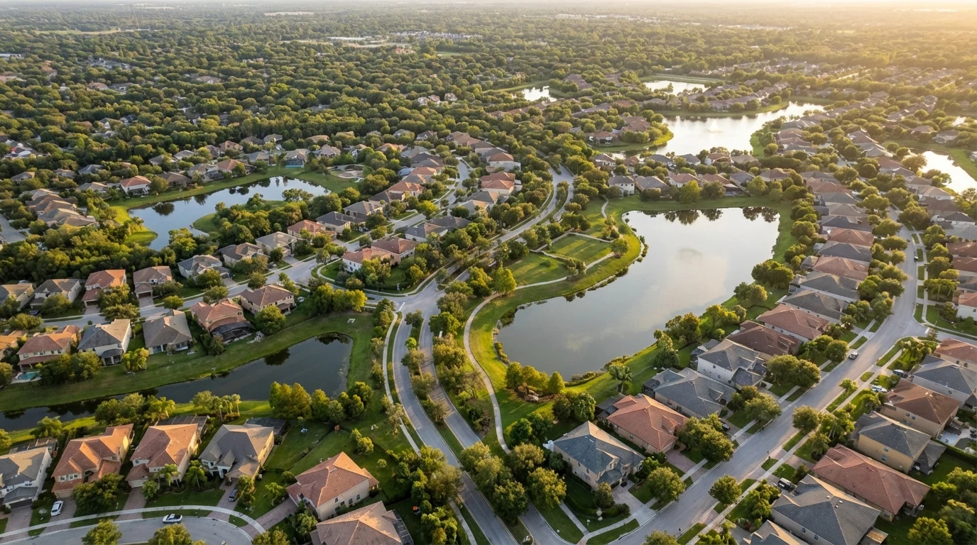 Aerial view of a leafy Katy-area neighborhood representing the Houston service area